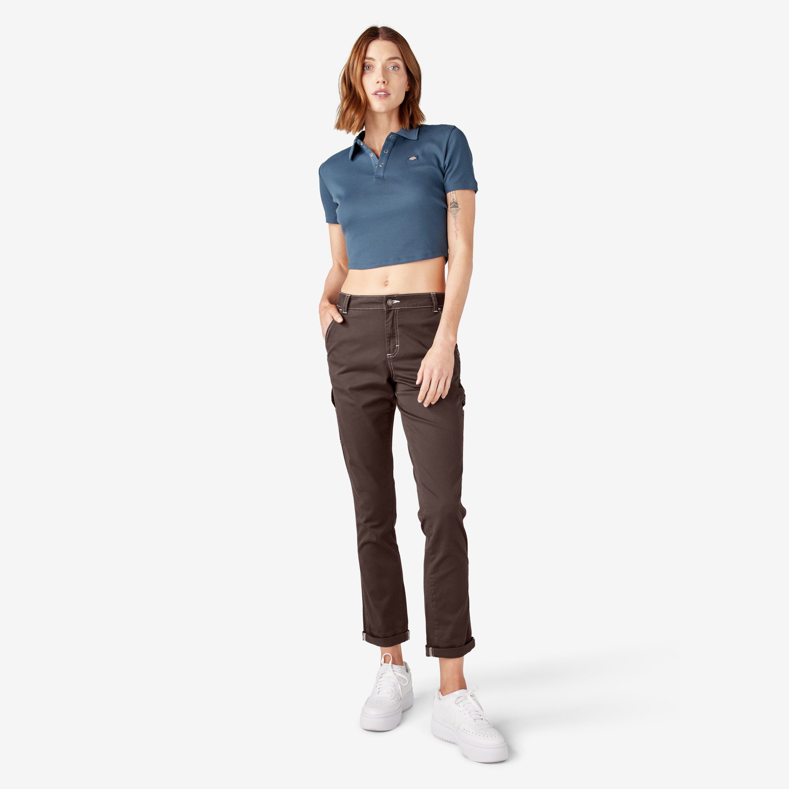 Women's Slim Straight Fit Roll Hem Carpenter Pants - Image 5